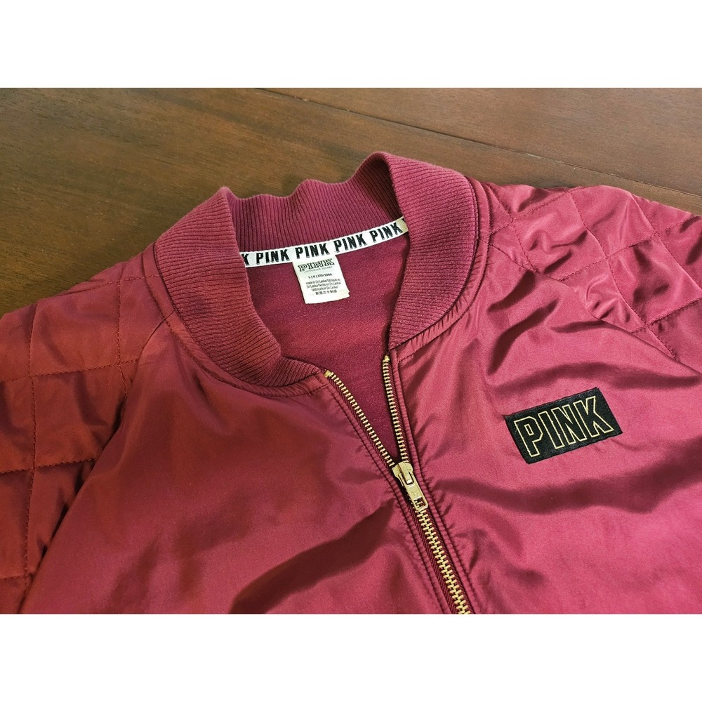 PINK Bomber Jacket Women Large Burgundy Quilted Graphic Full Zip Satin Finish
